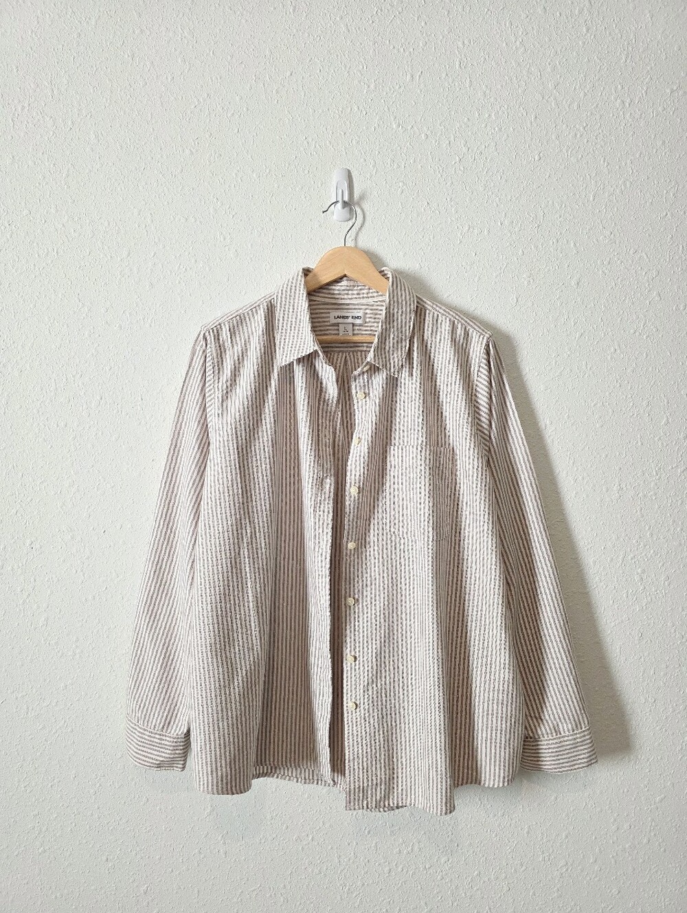Lands End Neutral Striped Cotton Button Up L